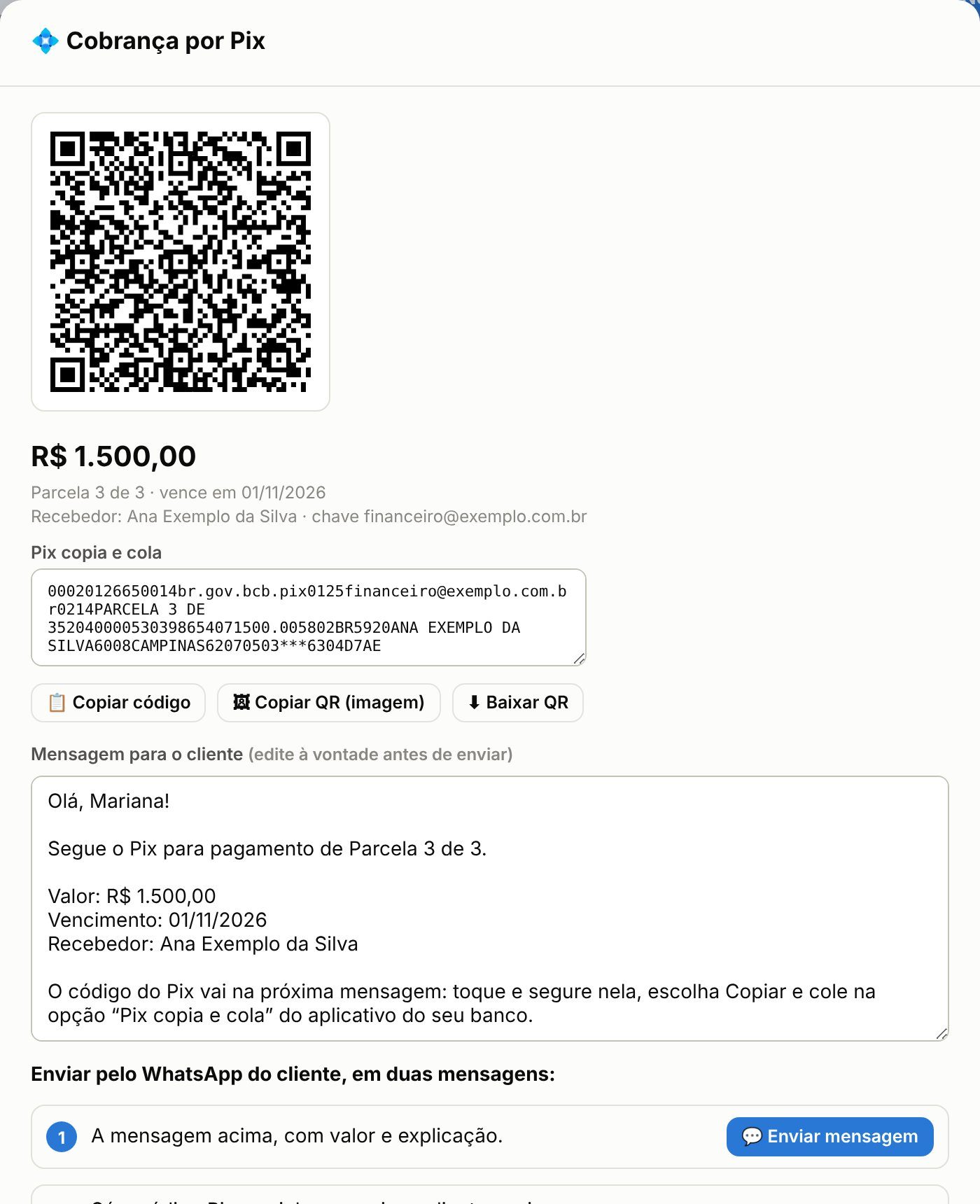 Cobrança por Pix no Pétreas com QR Code, código copia e cola e mensagem para o cliente